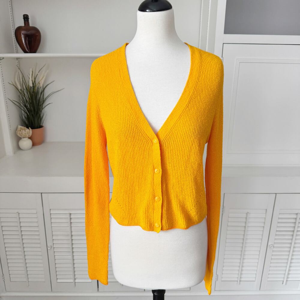 Rag & Bone Yellow Orange Pointelle Knit Soleil Cropped Cardigan Sweater Size L - Picture 2 of 7